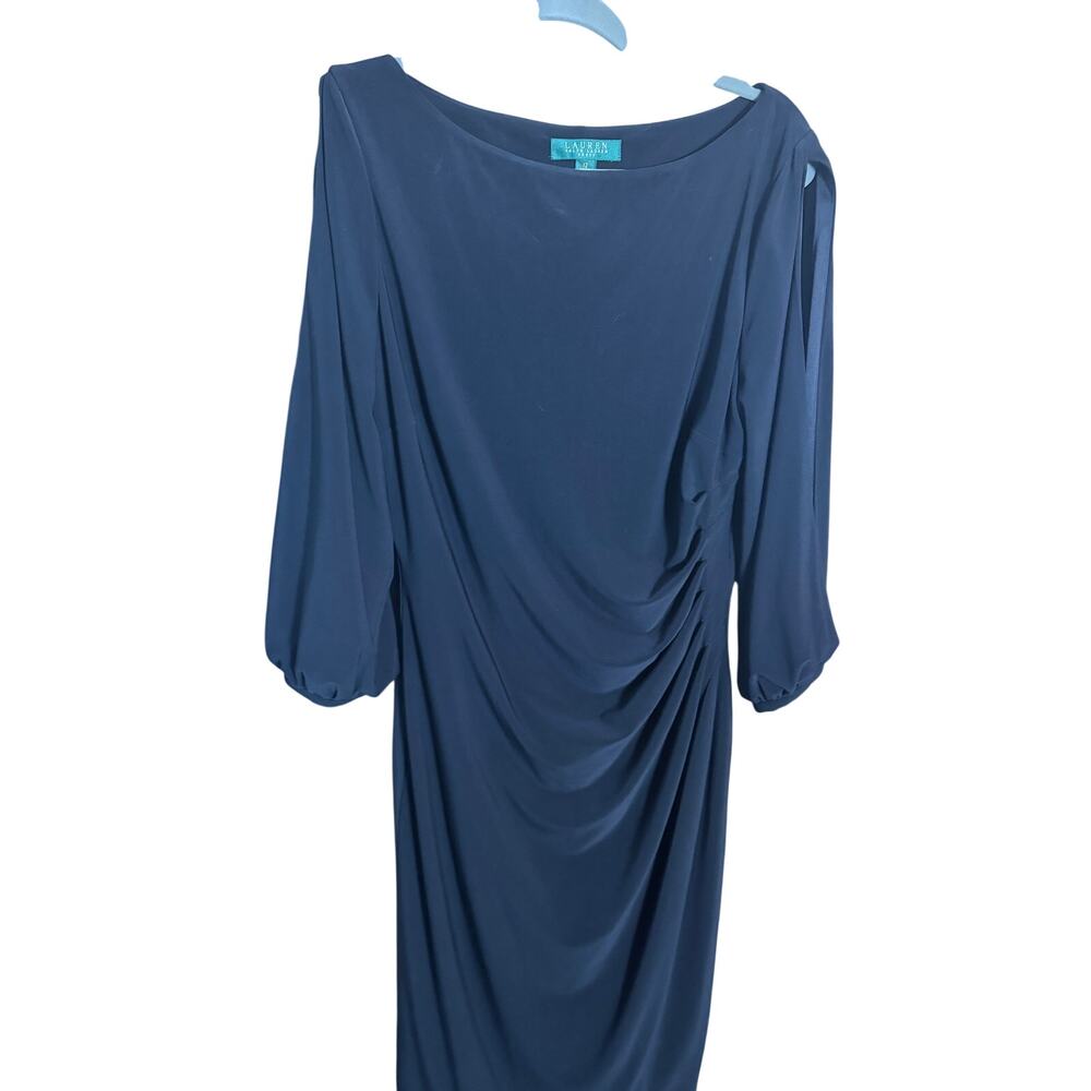 Lauren Ralph Lauren Black Ruched Dress 12 Sheath 3/4 sleeve‎ Classic Midi LBD